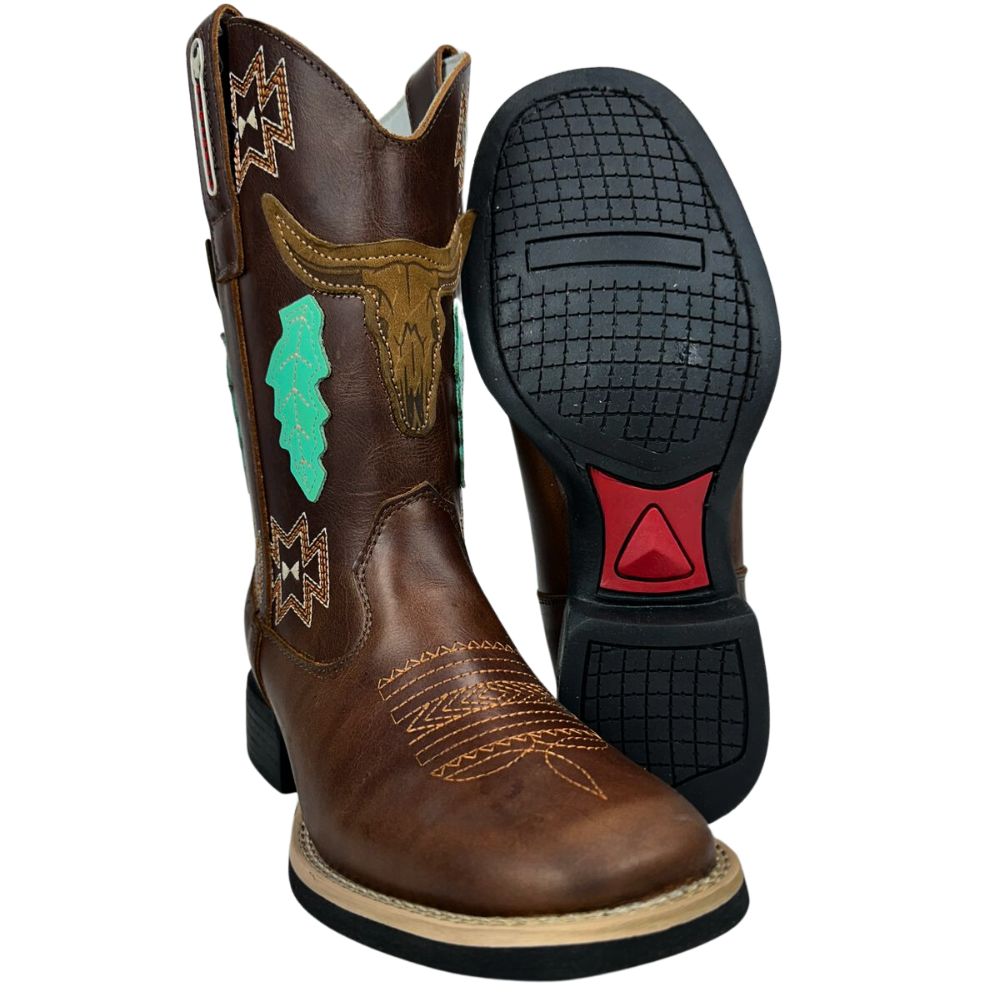 Bota Texana Feminina Big Bull Boots Couro Fóssil Tabaco C/ Bordado Ref:900-120