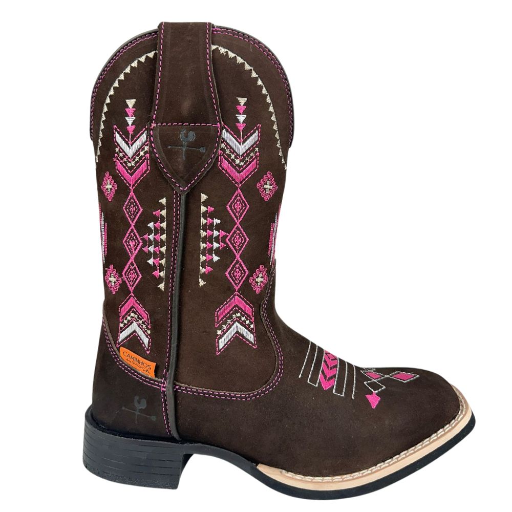 Bota Texana Feminina Caminhos Da Roça Couro Nobuck Café/Pink Com ...