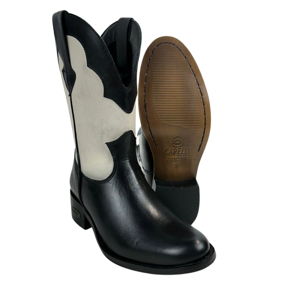 Bota Texana Feminina Capelli Boots Bico Redondo Couro Preto/Off White Cano Médio Solado Colorplac REF: 3171 COD: 27417CA