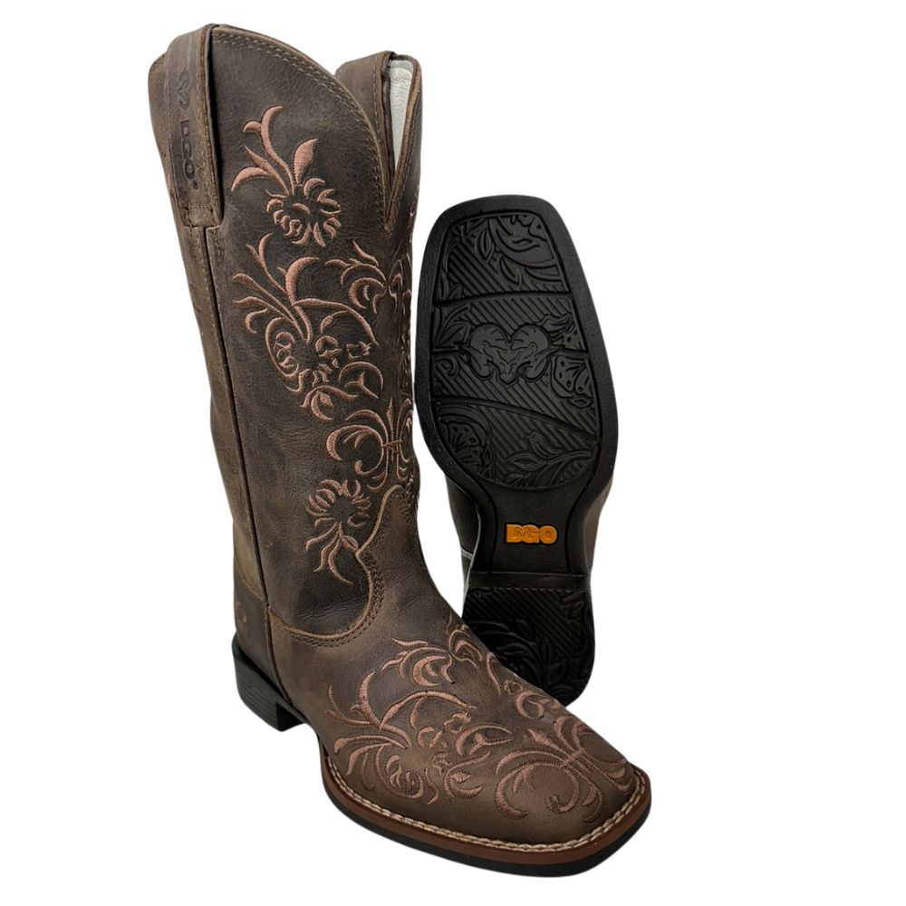 Bota Texana Feminina Durango Bico Quadrado Couro Marrom Med Dog Com Bordado Marrom REF: 1777102121G1M