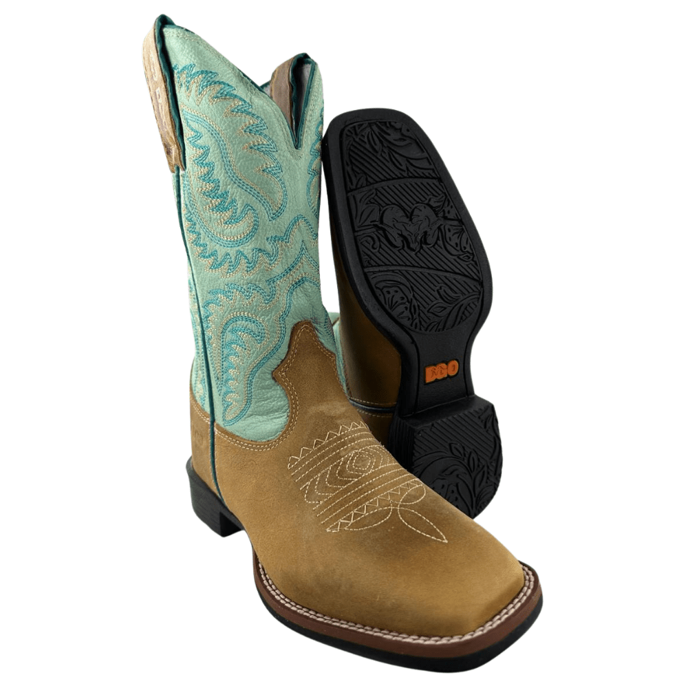 Bota Texana Feminina Durango Bico Quadrado Caramelo Cano Verde Claro Com Bordado