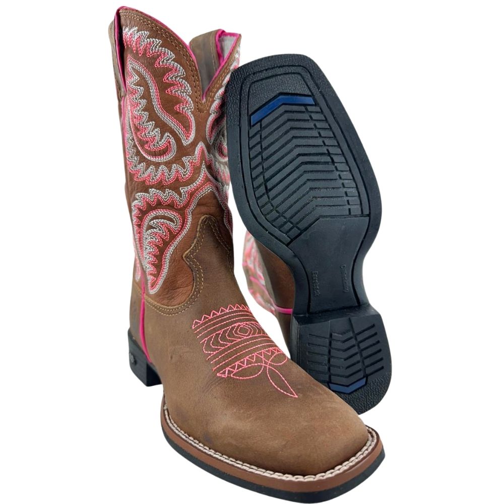 Bota Texana Feminina Durango Bico Quadrado Marrom Com Bordado Rosa