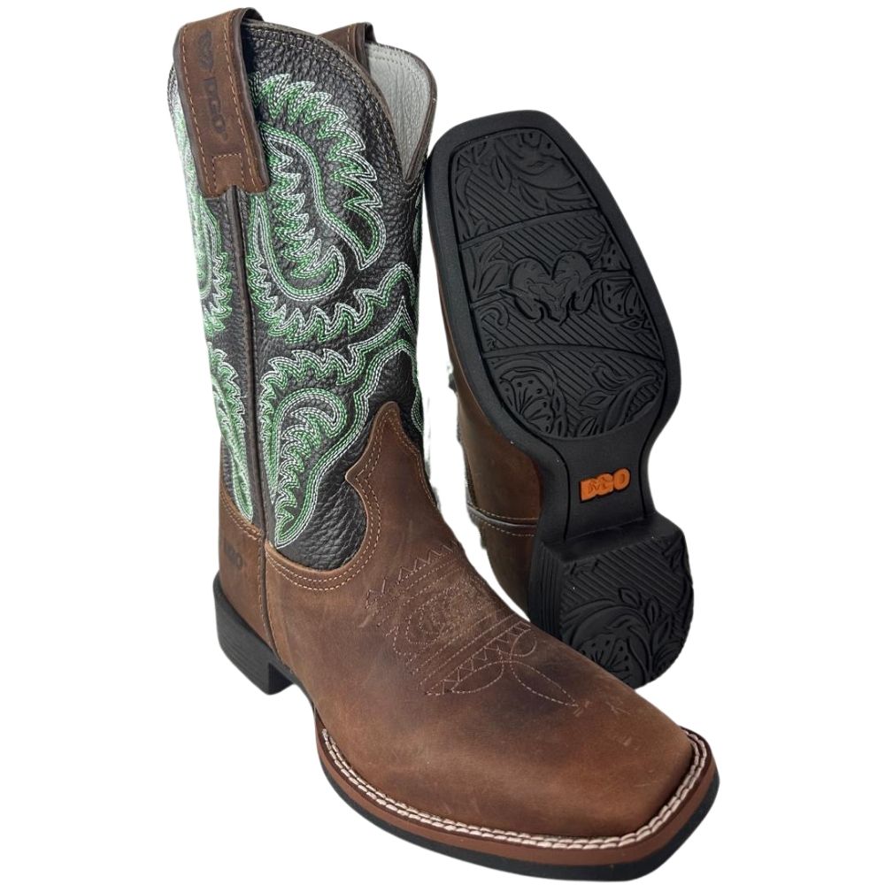 Bota Texana Feminina Durango Marrom Bico Quadrado Cano Bordado Verde