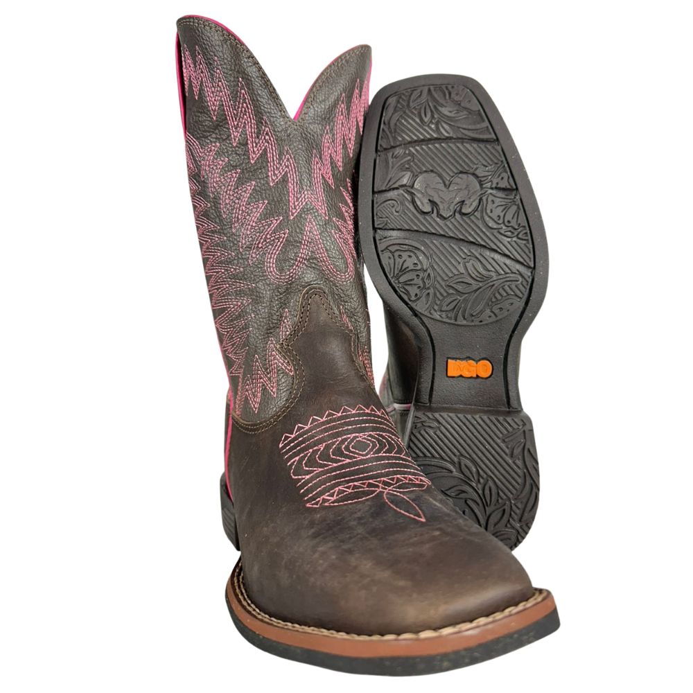 Bota Texana Feminina Durango Marrom Cano Com Bordado Rosa