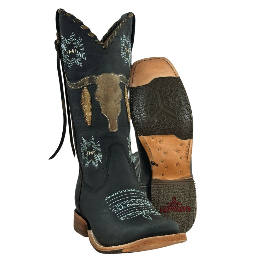 Bota Texana Feminina Goyazes Couro Dallas Marinho Noite Bordado Azul Claro REF: 203260-CC-04