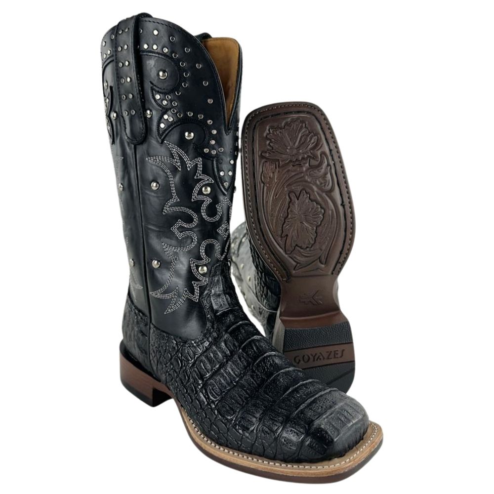 Bota Texana Feminina Goyazes Barriga De Jacaré Preto Quadrado Couro Mustang REF: 256408-JF