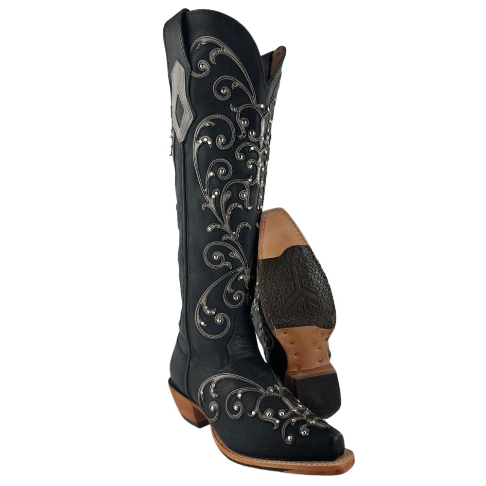 Bota Texana Feminina Goyazes Bico Fino Cano Alto Fashion Couro Bison Preto Bordado Em Couro E Tachinhas Ref: 259804-CC