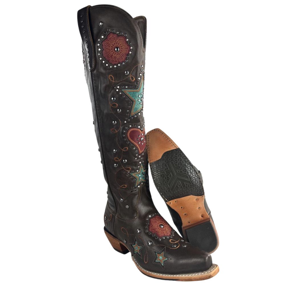 Bota Texana Feminina Goyazes Bico Fino Cano Alto Fashion Couro Mustang Tabaco Bordados Coloridos Ref: 259806-CC