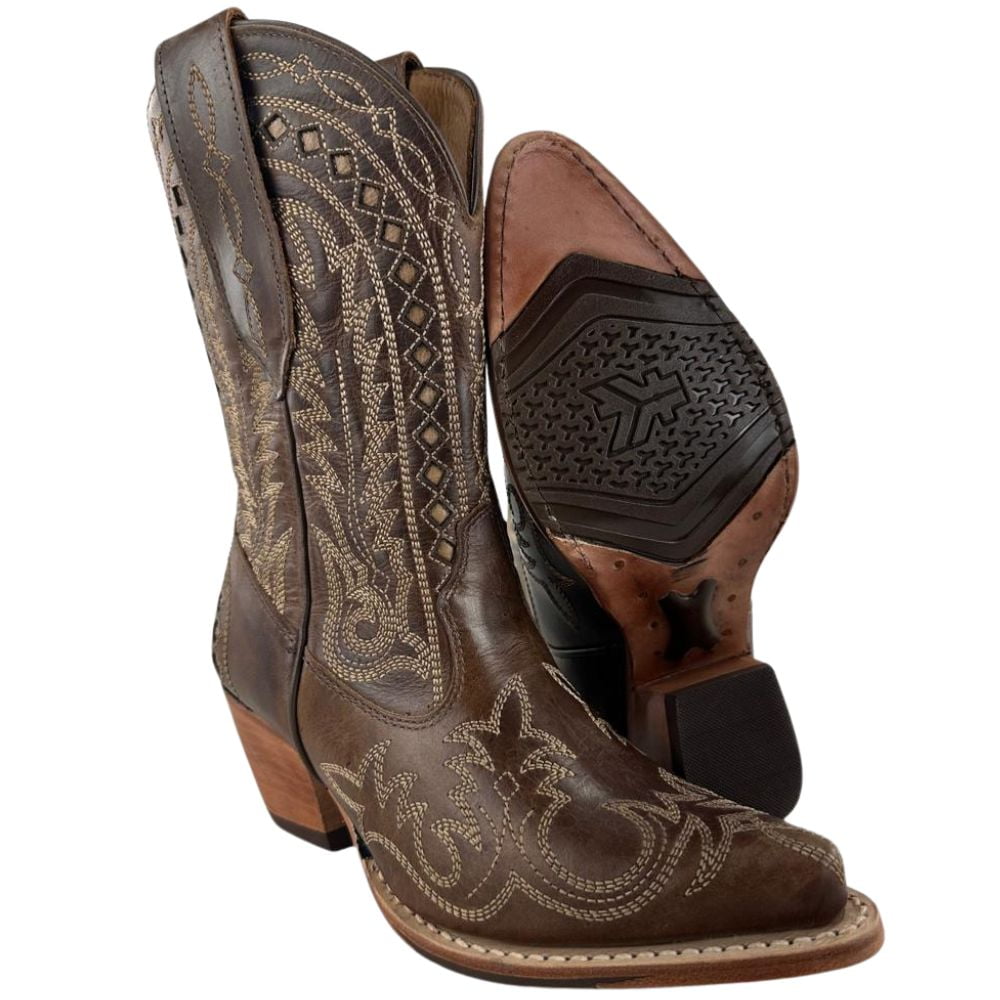 Bota Texana Feminina Goyazes Bico Fino Cano Médio Couro Atlanta Moucha Mouse Café Bordado Ref:264501-CC-02