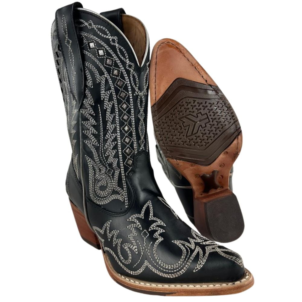 Bota Texana Feminina Goyazes Bico Fino Cano Médio Couro Mustang Preto Bordado Ref:264501-CC-05