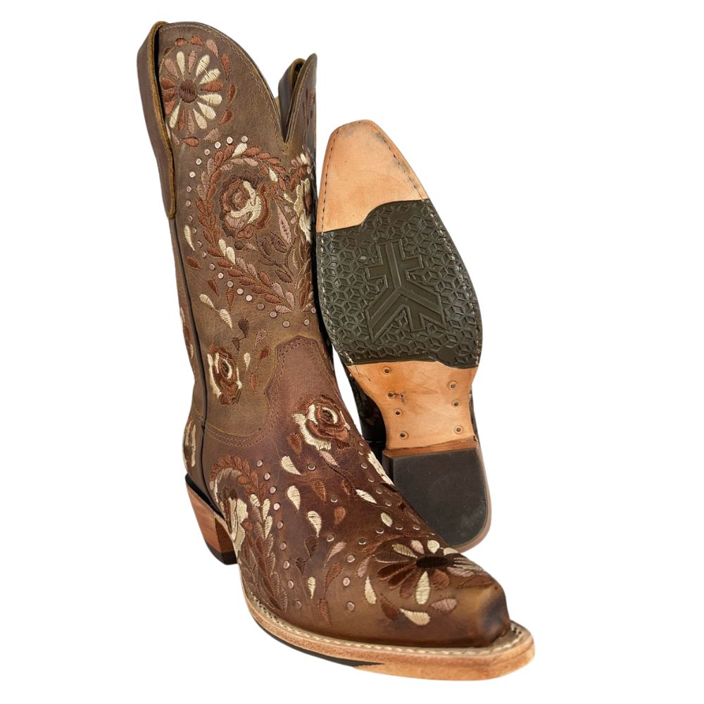 Bota Texana Feminina Goyazes Bico Fino Couro Dallas Furta Cor Bordado Flores Solado Injetado Couro Café Ref:256802-CC
