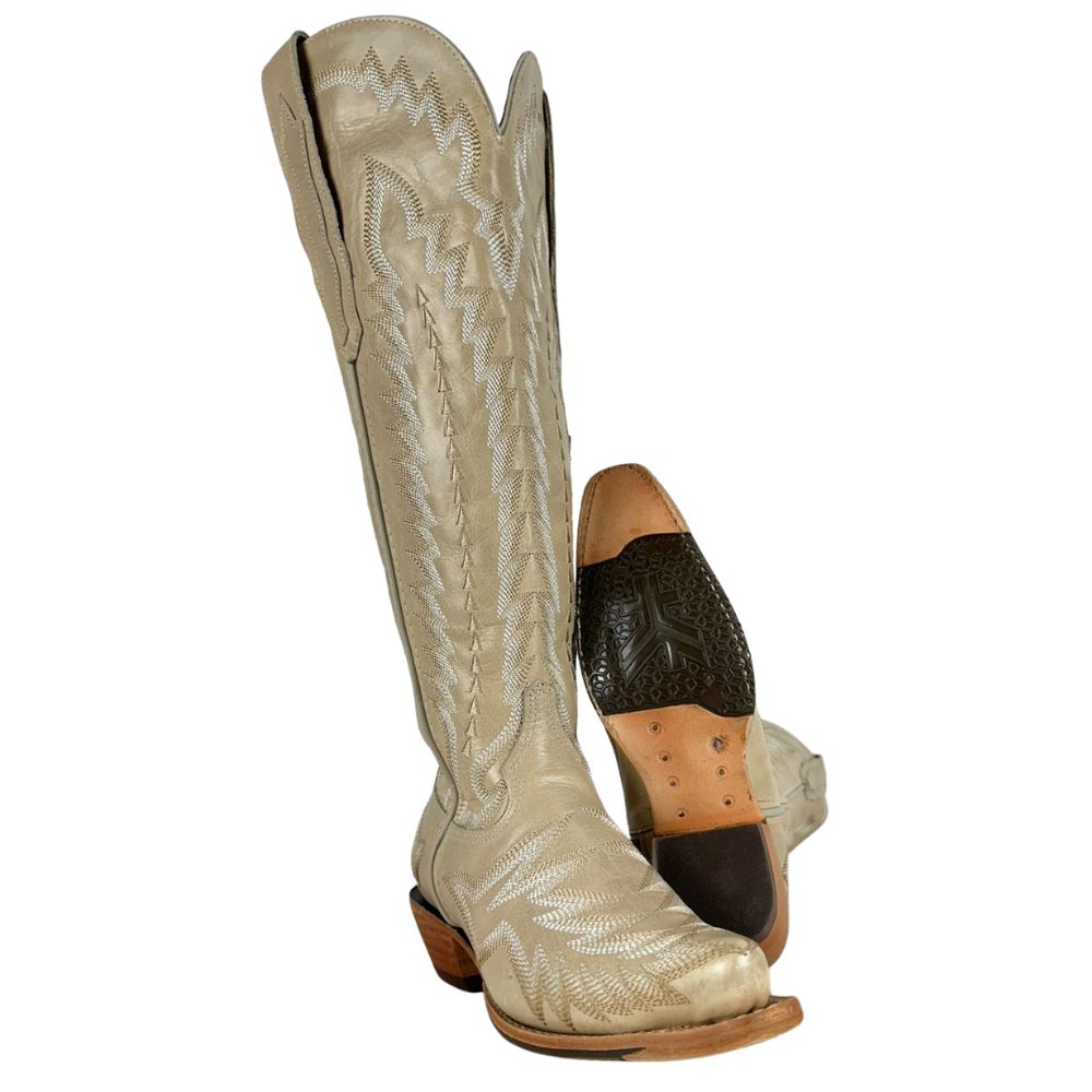 Bota Texana Feminina Goyazes Bico Fino Faschion Couro Waco Off White Com Bordado Ref:259801-CC-03