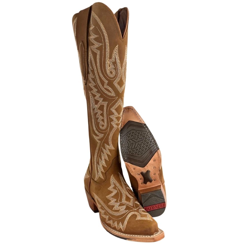 Bota Texana Feminina Goyazes Bico Fino Waterproof Cano Alto Couro Nobuck Mel Ref: 269806-CHC-07