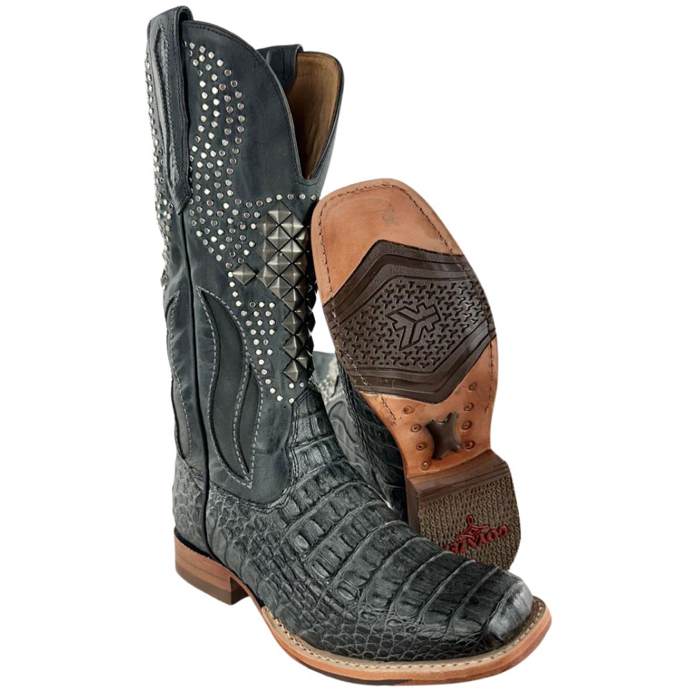 Bota Texana Feminina Goyazes Bico Quadrado Couro Barriga De Jacaré Grafite Bordado Com Tachinhas Ref: 263204-JC-08