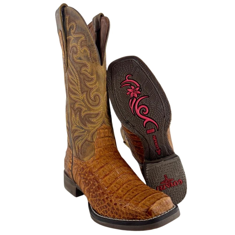 Bota Texana Feminina Goyazes Bico Quadrado Couro Barriga De Jacaré Havana Dallas Ocre Ref: 263208-JF-08