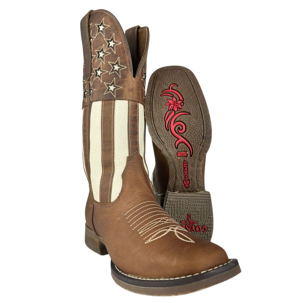 Bota Texana Feminina Goyazes Bico Quadrado Couro Dallas Solado Flex Cano Bordado Estrelas Ref:223209-CF