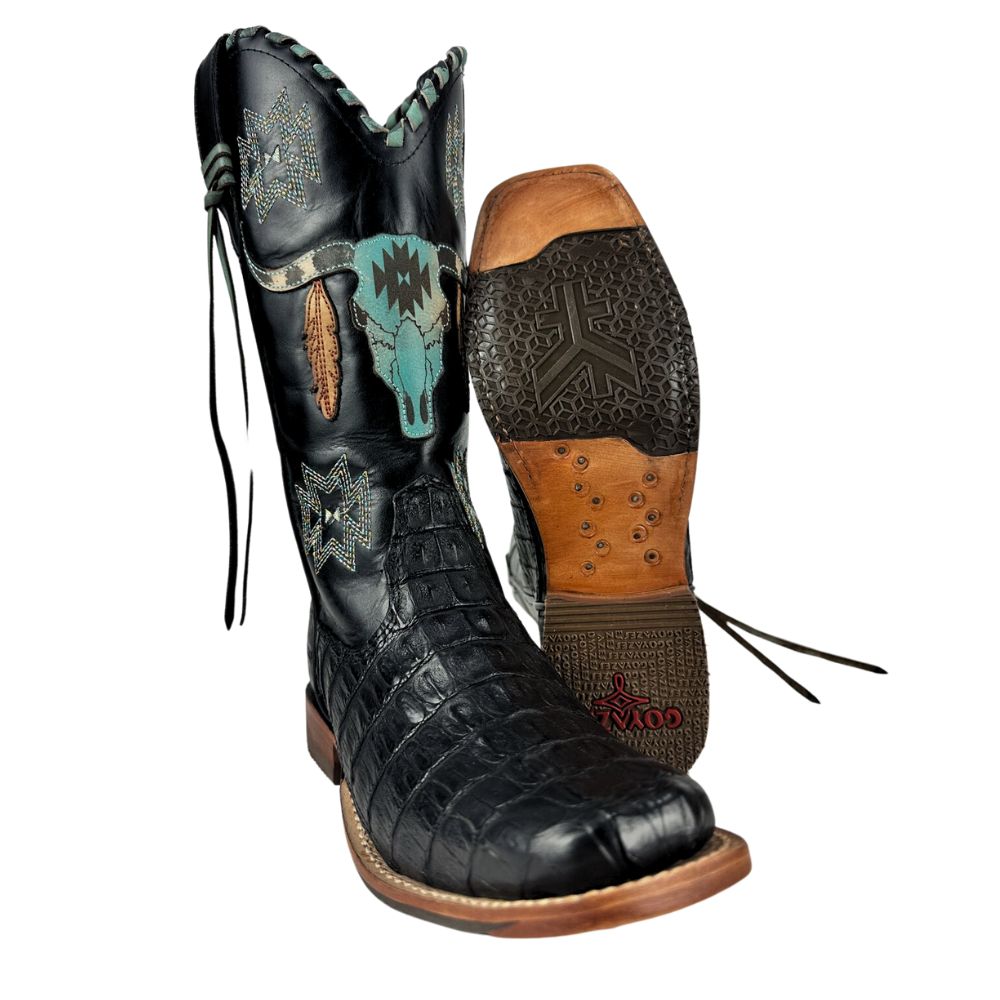 Bota Texana Feminina Goyazes Bico Quadrado Couro Jacaré Preto/Mustang Preto Ref:203260-JC