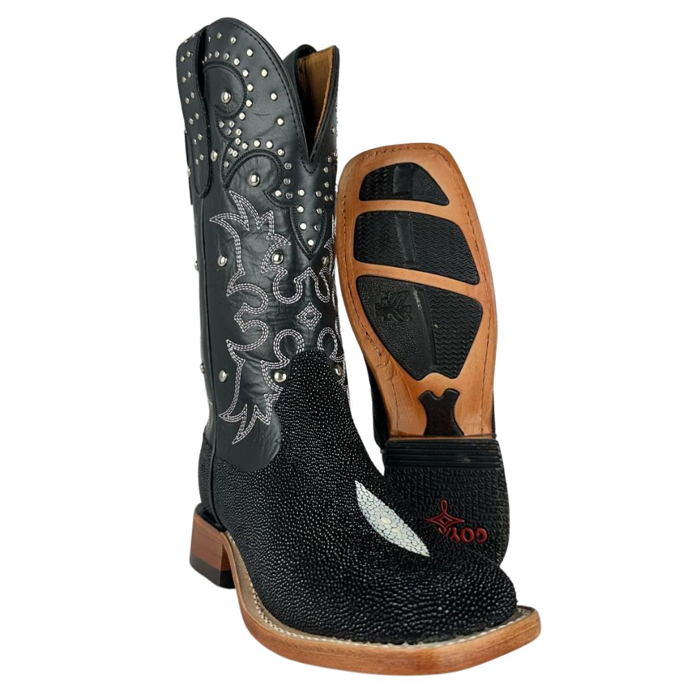 Bota Texana Feminina Goyazes Bico Quadrado Ranch Couro Arraia Preto Mustang Cano Bordado Solado Injetado Ref:256408-ARC