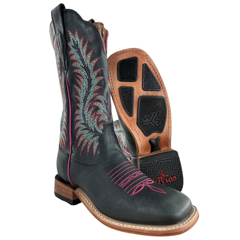 Bota Texana Feminina Goyazes Bico Quadrado Ranch Couro Dallas Marinho Bordado Ref:266402-CC-02