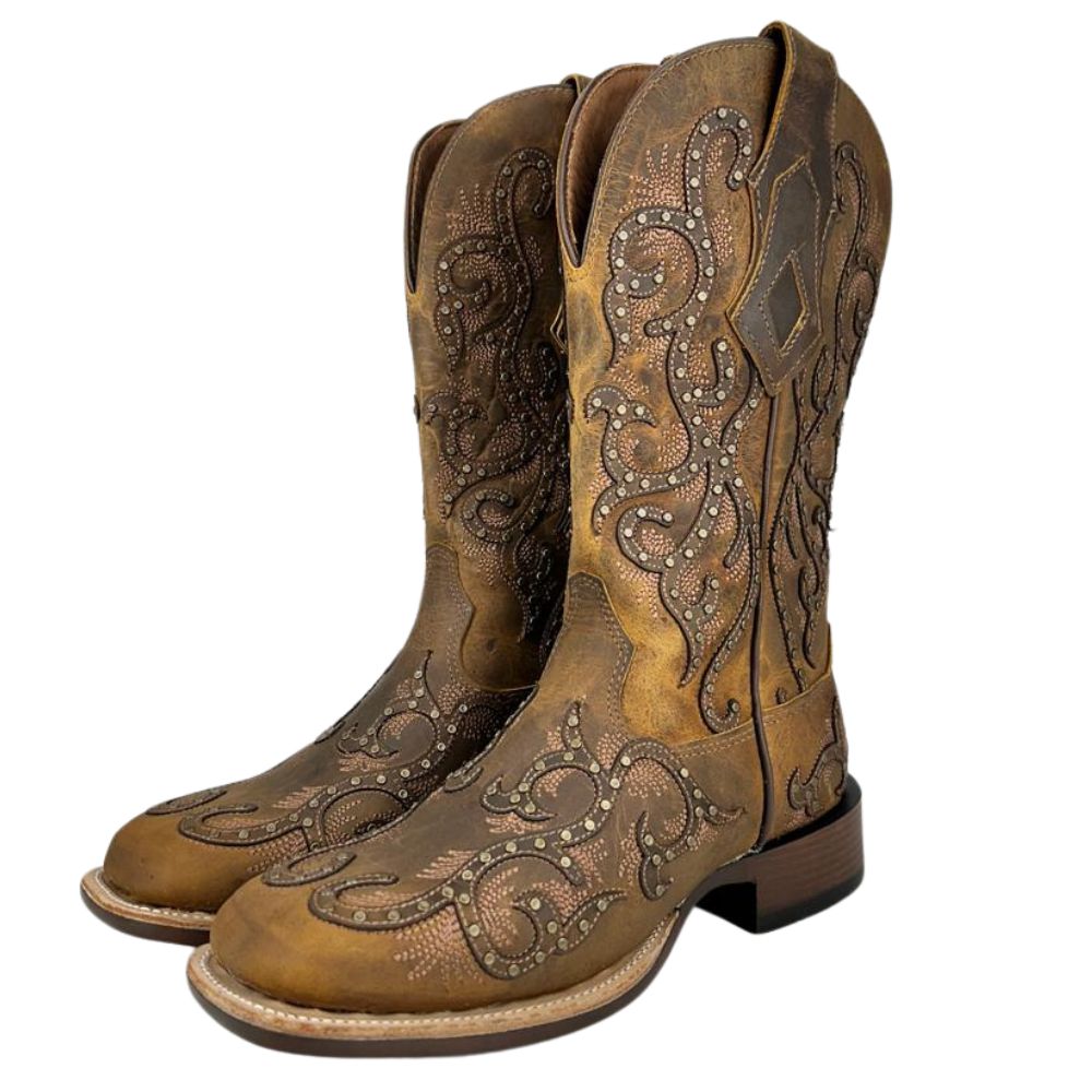 Bota Texana Feminina Goyazes Bico Quadrado Ranch Flare Couro Dallas ...
