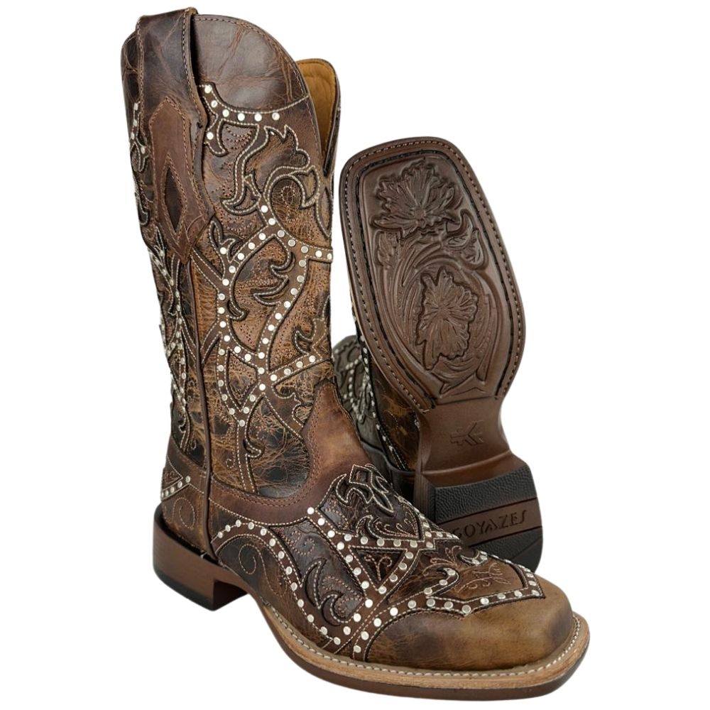 Bota Texana Feminina Goyazes Bico Quadrado Ranch Flare Couro Dallas Tabaco Com Rebite Ref: 246405-CF_04