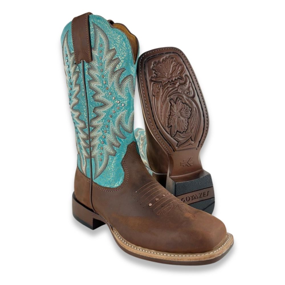 Bota Texana Feminina Goyazes Bico Quadrado Ranch Flare Couro Flex Café E Azul Ref: 256402-CF