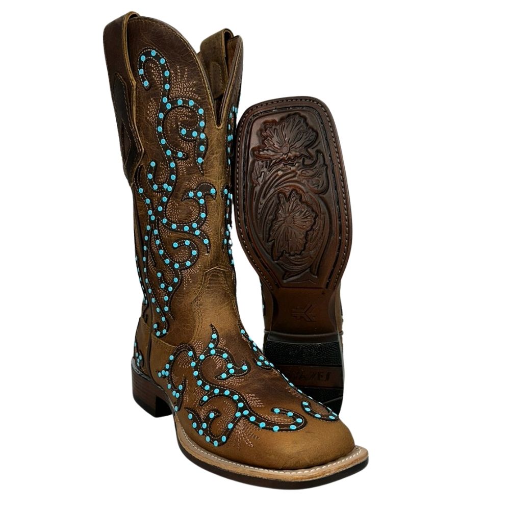 Bota Texana Feminina Goyazes Couro Dallas Bico Quadrado Com Miçangas Azul Claro Ref: 246405-CF