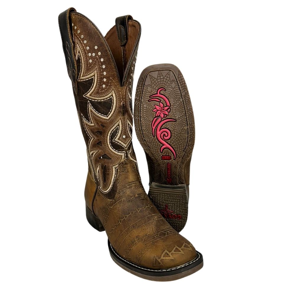 Bota Texana Feminina Goyazes Couro Dallas Furta Cor Tabaco Bico Quadrado Ref: 243203-CF