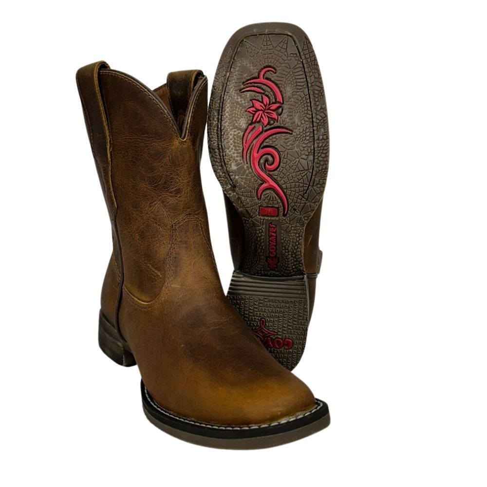 Bota Texana Feminina Goyazes Couro Dallas Ocre Bico Quadrado Liso Ref: 203258-CF