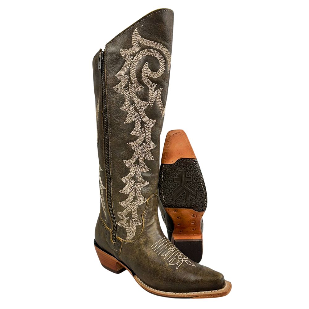 Bota Texana Feminina Goyazes Couro Destroyer Tabaco Com Bordado Creme Bico Fino REF: 246804-CC