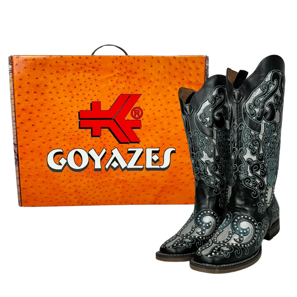 Bota Texana Feminina Goyazes Couro Mustang Preto Bico Quadrado Com