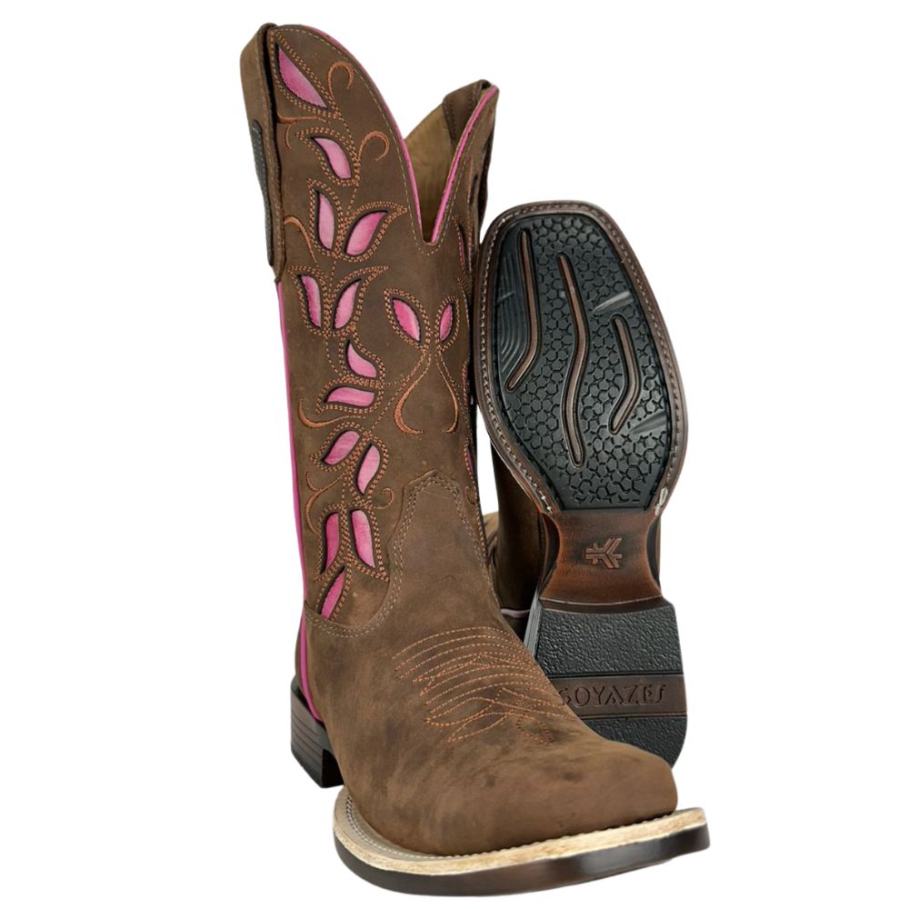 Bota Texana Feminina Goyazes Solado Power Waterproof Couro Nobuck Oil Café Com Bordado Rosa Pink Ref:253207-CHP-07