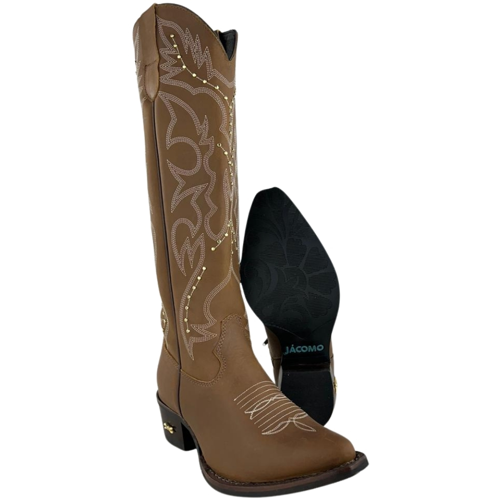 Bota Texana Feminina Jácomo Bico Fino Cano Alto Zíper Couro Mustang Havana Bordado Tachinhas REF90271/TBQC