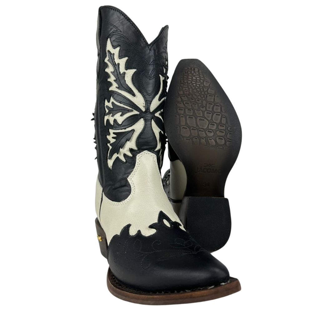 Bota Texana Feminina Jácomo Bico Fino Cano Médio Couro Fóssil Oil Preto Napa Marfim Ref:90121/TCO