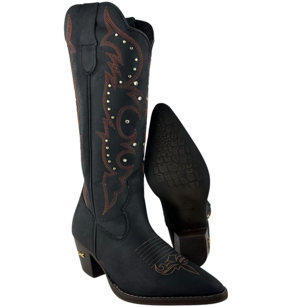 Bota Texana Feminina Jácomo Bico Fino Cano Médio Zíper Couro Fóssil Oil Preto Tachinhas REF80021/TRF