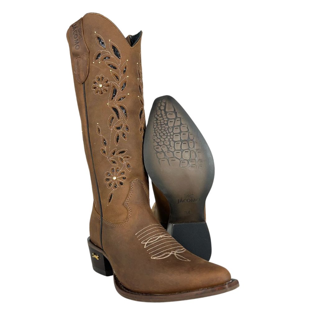 Bota Texana Feminina Jácomo Bico Fino Couro Mustanng Havana Cano Bordado Flores Com Brilho Salto Madeira Ref:90201/TCQ