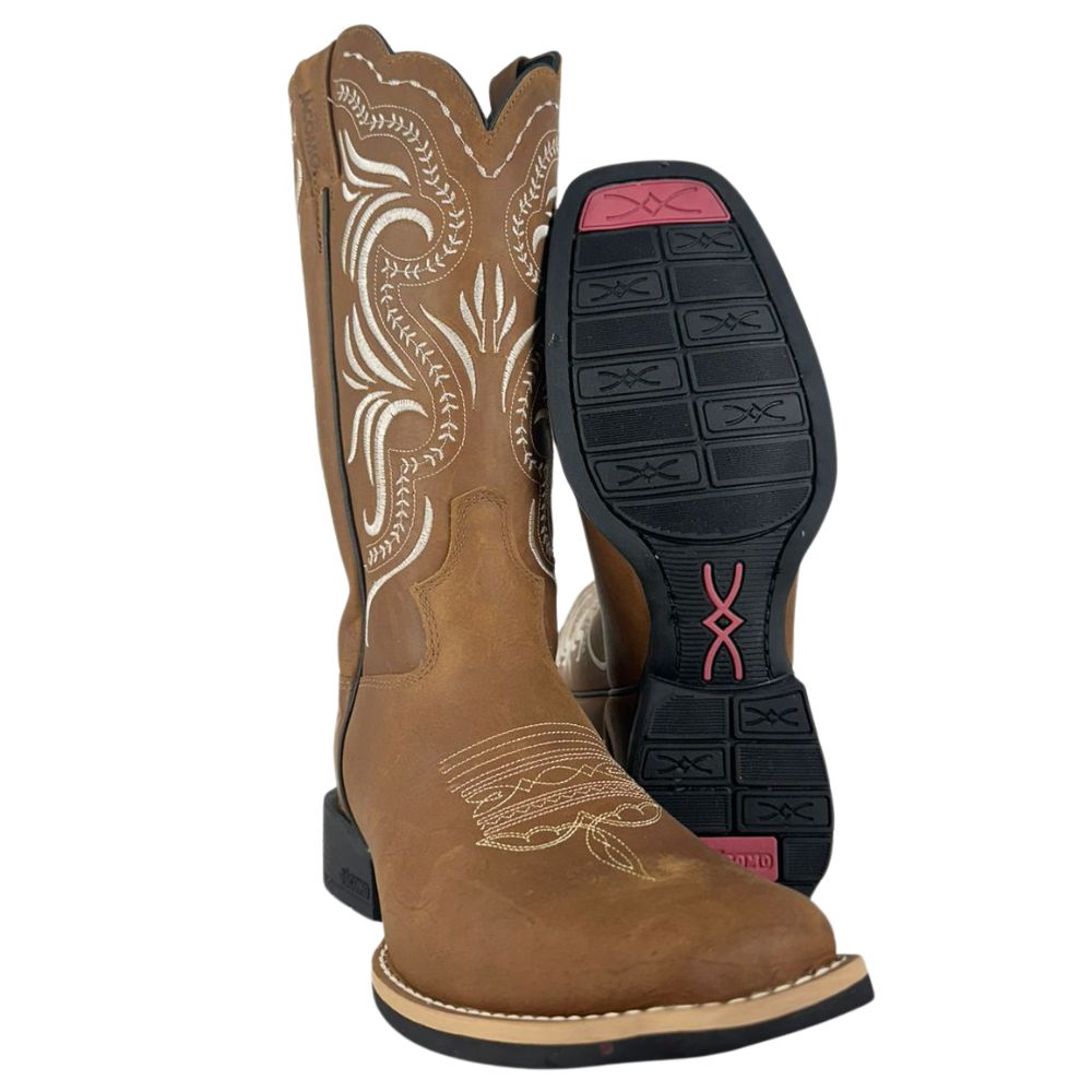 Bota Texana Feminina Jácomo Bico Quadrado Couro Crazy Amendoa Cano Bordado Branco Sola Preta Ref:1311/UF