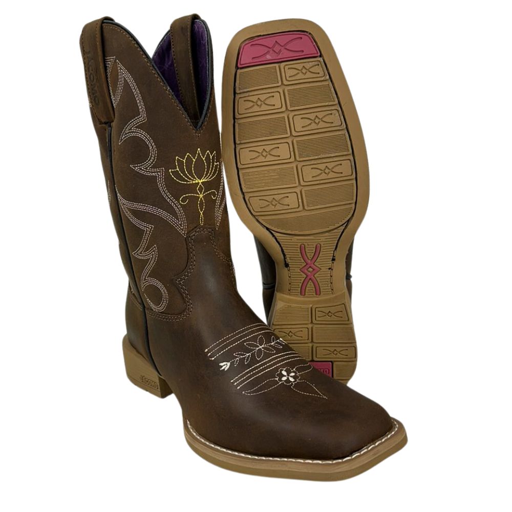 Bota Texana Feminina Jácomo Bico Quadrado Couro Crazy Amêndoa Com Bordado Amarelo E Branco Ref:4861/UFA