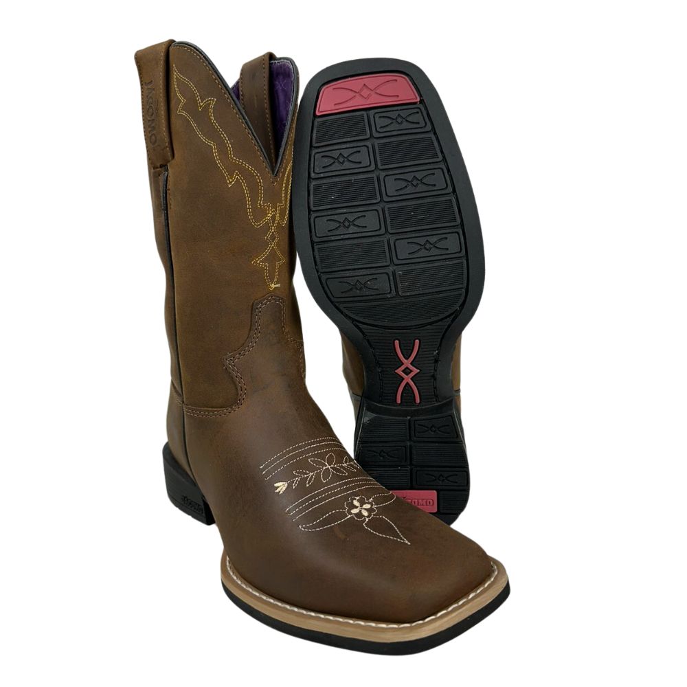 Bota Texana Feminina Jácomo Bico Quadrado Couro Crazy Amêndoa Com Bordado Creme /Amarelo Ref:4841/UF