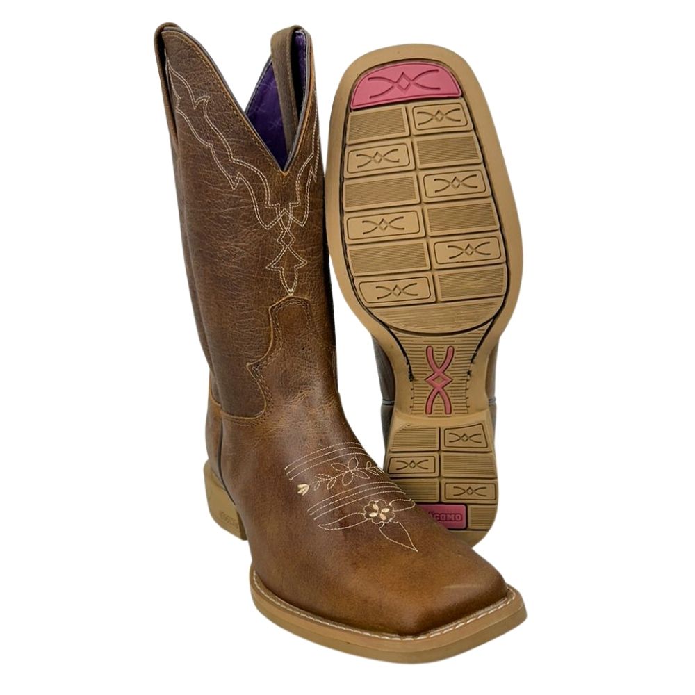 Bota Texana Feminina Jácomo Bico Quadrado Couro Fóssil Bufalino Saar Com Bordado Creme Ref.4841/UFA