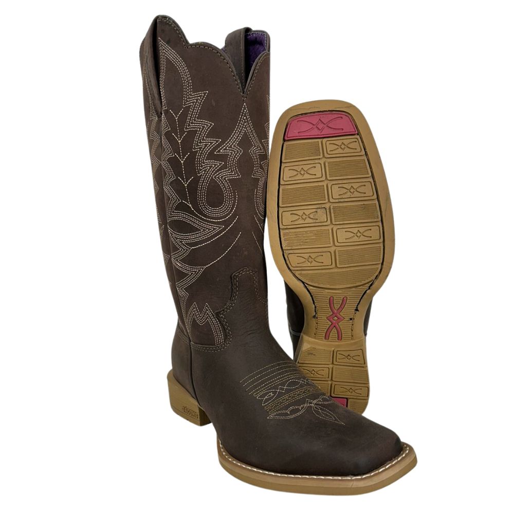 Bota Texana Feminina Jácomo Bico Quadrado Couro Mustang Dark Brown Com Bordado Crú Ref:1271/UFA