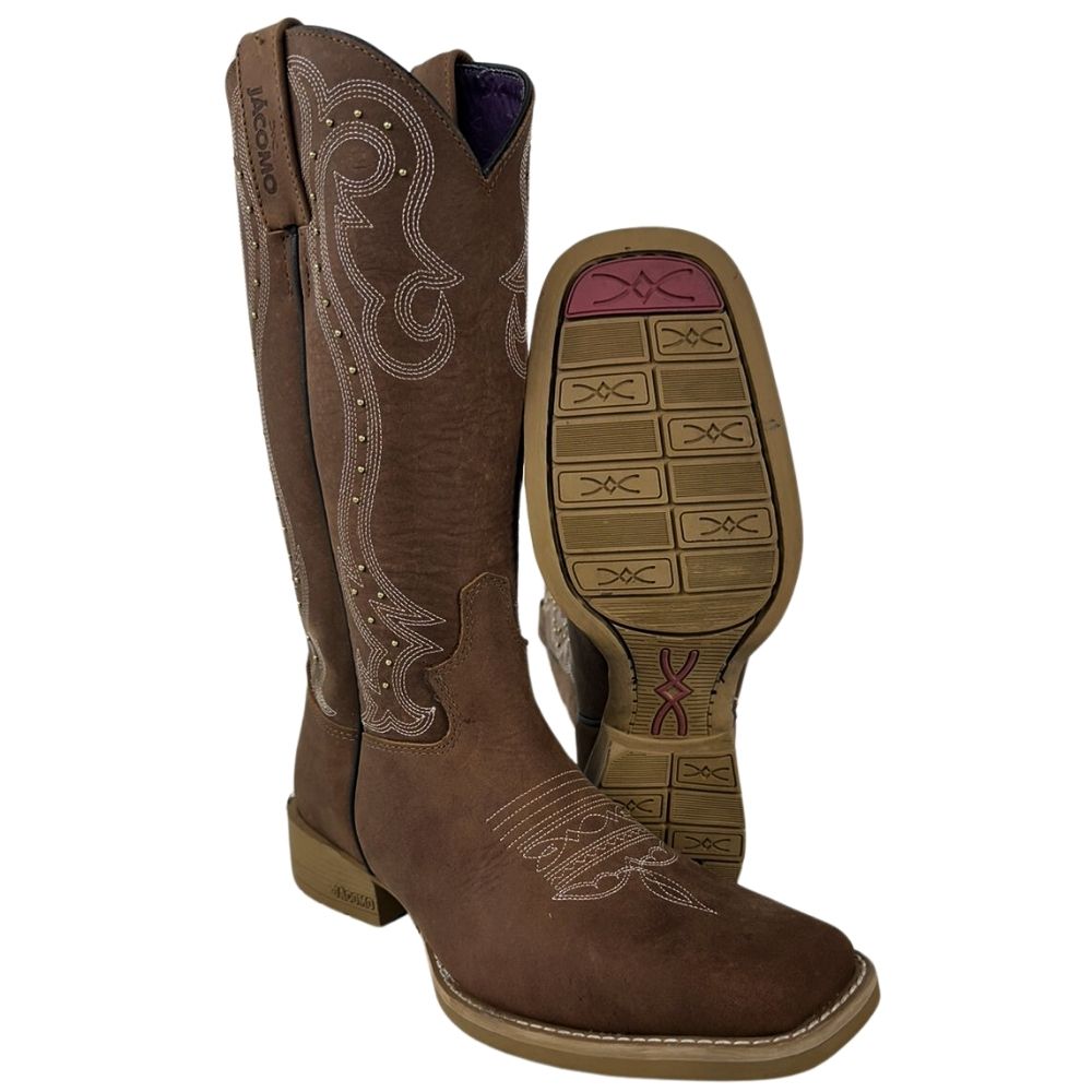 Bota Texana Feminina Jácomo Bico Quadrado Couro Mustang Sella Cano Bordado Cru Ref.1281/UFA-Sola Clara