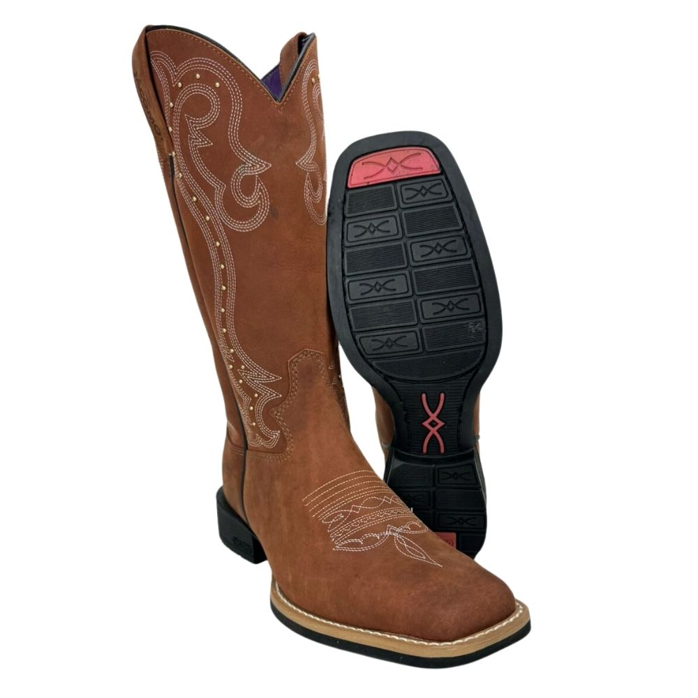 Bota Texana Feminina Jácomo Bico Quadrado Couro Mustang Sella com Rebite Dourado Ref: 1281/UF