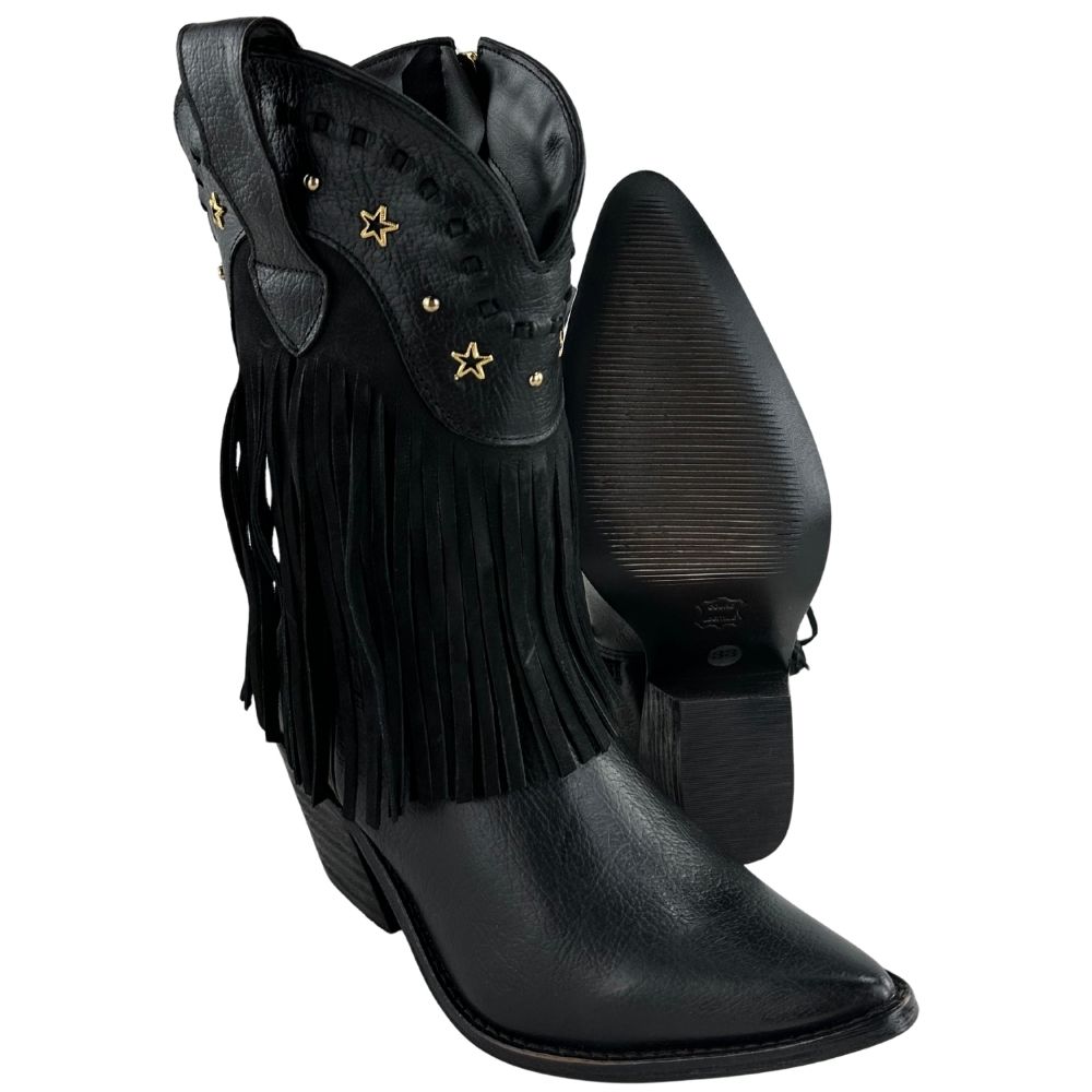 Bota Texana Feminina Kedoll Arara Brasil Preto Bico Fino Cano Médio Zíper E Franjas Detalhes Dourados - Ref:229