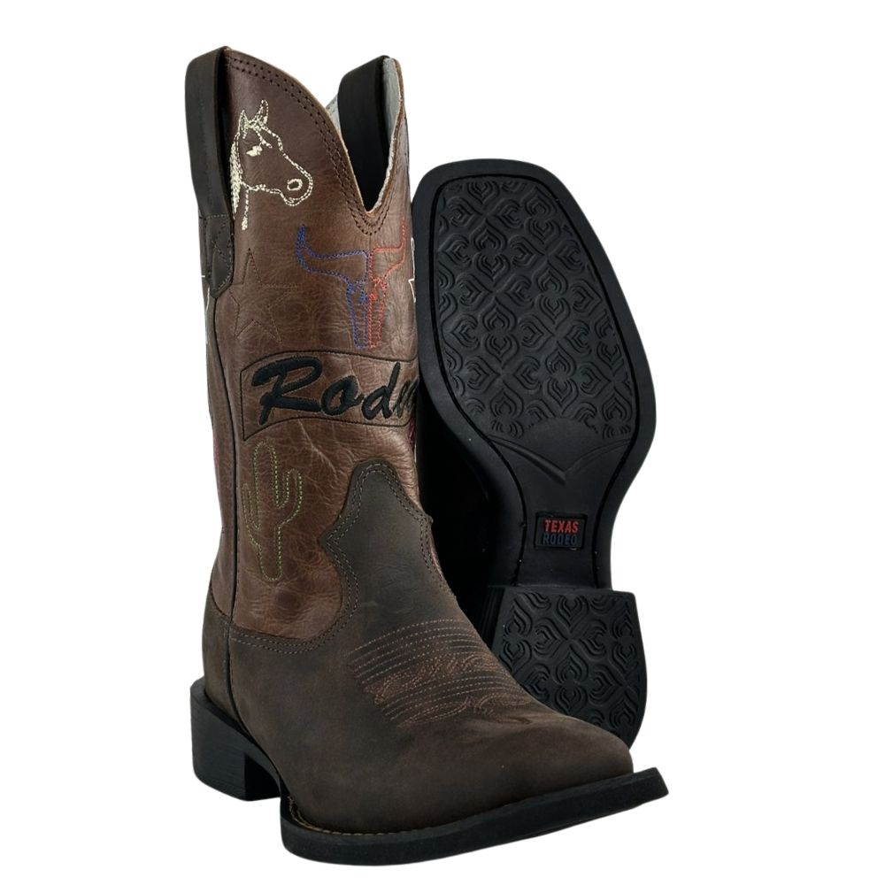 Bota Texana Feminina Texas Rodeo Couro Crazy Café/Fóssil Havana Bordado Rodeo Sola Preta RF: TR887LQMBO