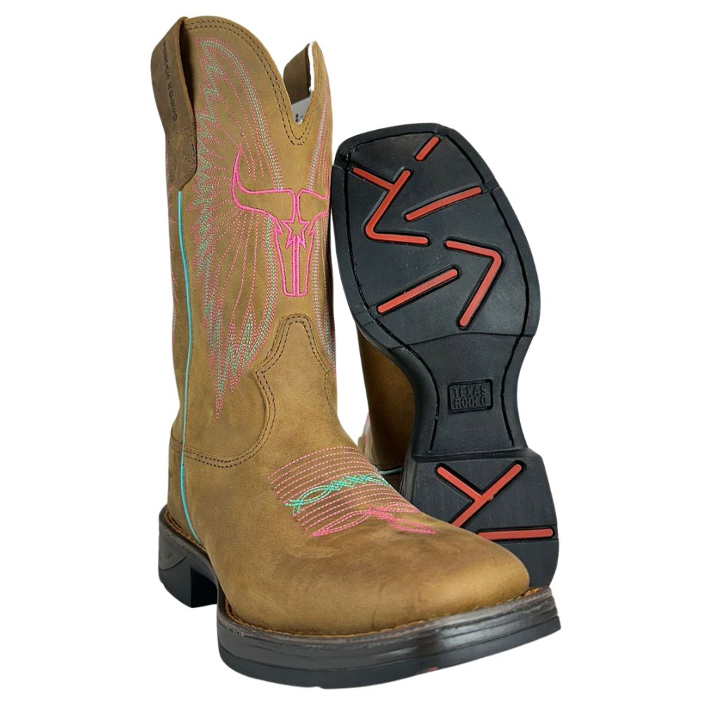 Bota Texana Feminina Texas Rodeo Bico Quadrado Couro Crazy Tabaco Bordado Rosa E Verde Solado Jump Ref:TR595