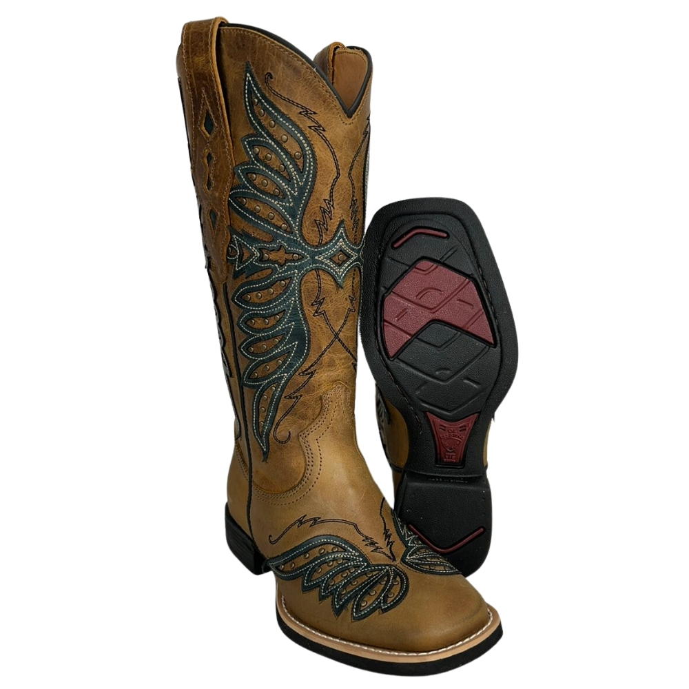 Bota Texana Feminina Vimar Bico Quadrado Couro Fóssil C/ Bordado Sola VTS-V013 F2 - R. 13234