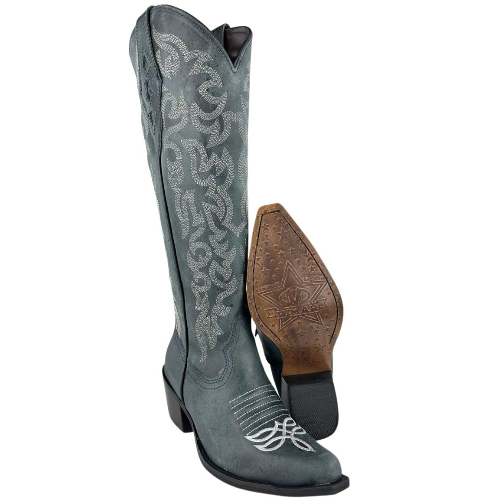 Bota Texana Feminina Vimar Bico Fino Cano Alto Couro Fóssil Azul Celeste Sola Luchese Ref:10294