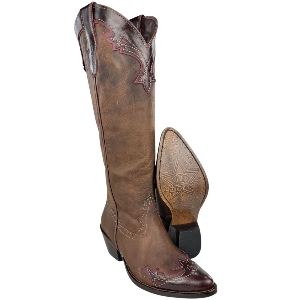 Bota Texana Feminina Vimar Bico Fino Cano Alto Couro Fóssil Sola Genova Café Ref:10269