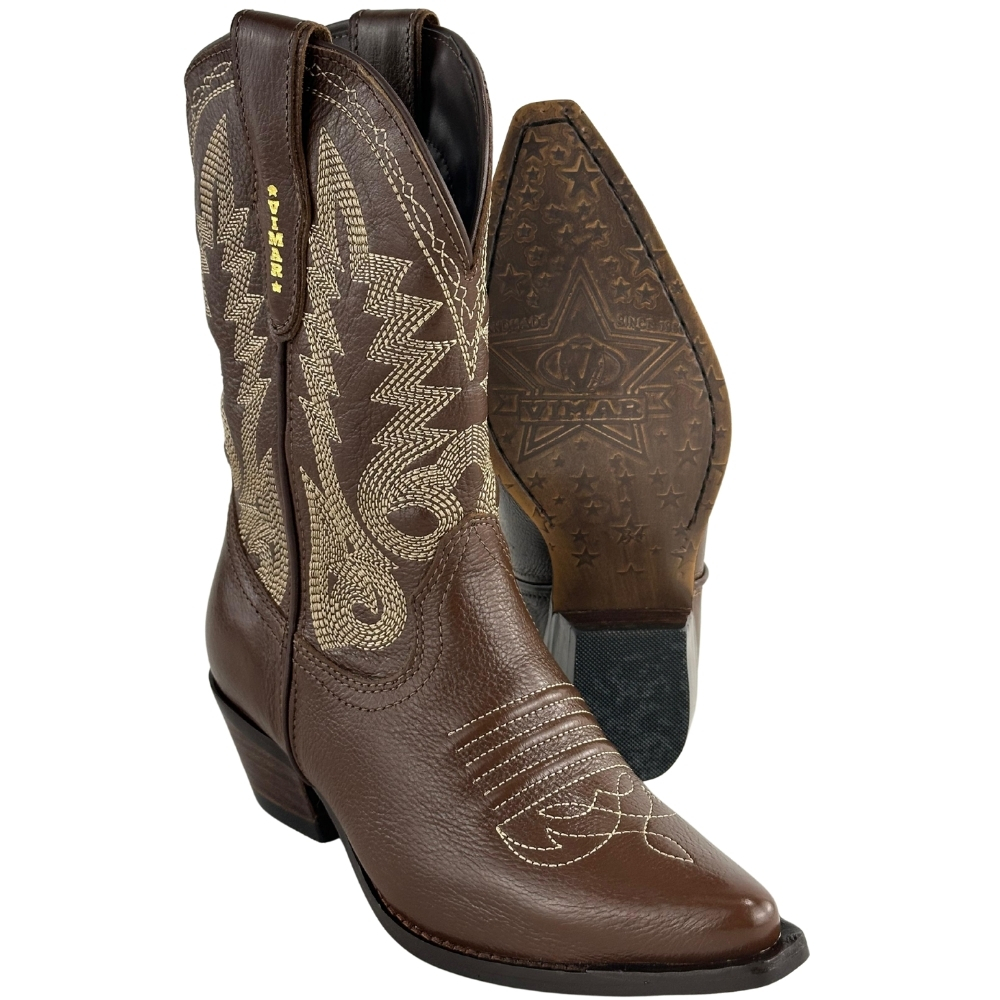 Bota Texana Feminina Vimar Bico Fino Couro Travel Amarula Bordado Bege Sola Carrara 00 Café Ref:11313